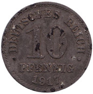 Монета 10 пфеннигов. 1917 год, Германская империя. (цинк) Монета 10 пфеннигов. 1917 год, Германская империя. (цинк)