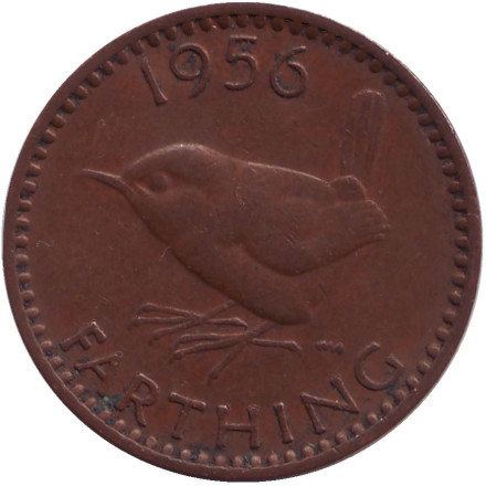Монета 1 фартинг. 1956 год, Великобритания. Крапивник (птица).