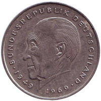Конрад Аденауэр. Монета 2 марки. 1977 год (G), ФРГ. Из обращения.
