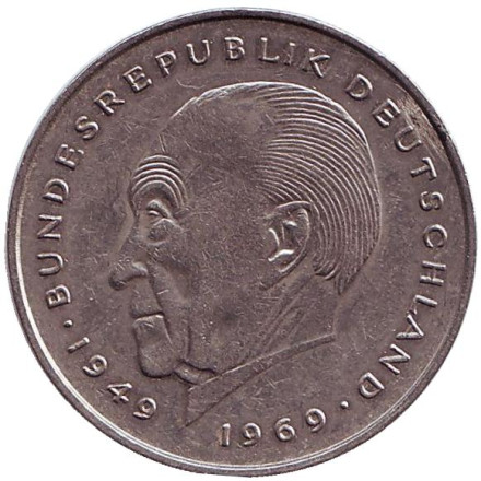 Монета 2 марки. 1977 год (G), ФРГ. Из обращения. Конрад Аденауэр.