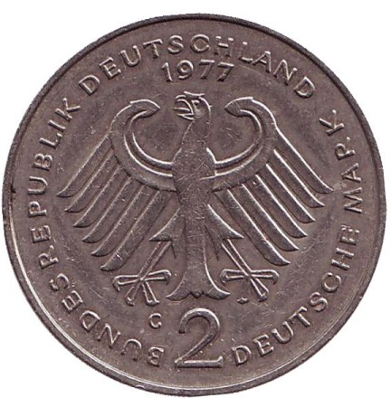 Монета 2 марки. 1977 год (G), ФРГ. Конрад Аденауэр. Монета 2 марки. 1977 год (G), ФРГ. Конрад Аденауэр.