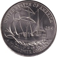 Монета 25 центов. 2026 год, США. 250 лет независимости США. Мэйфлауэрское соглашение. (P).