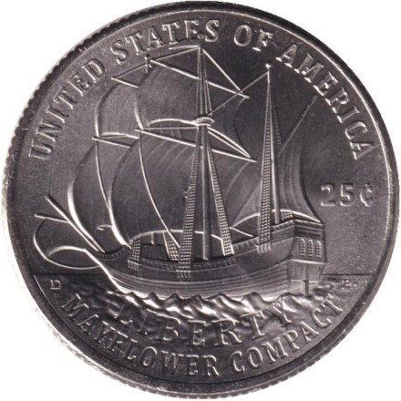 Монета 25 центов. 2026 год, США. 250 лет независимости США. Мэйфлауэрское соглашение. (P). Монета 25 центов. 2026 год, США. 250 лет независимости США. Мэйфлауэрское соглашение. (P).
