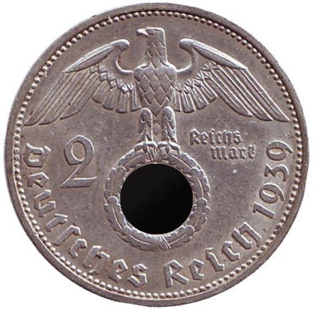 Монета 2 рейхсмарки. 1939 (F) год, Третий Рейх (Германия). Гинденбург.