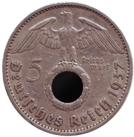 Монета 5 рейхсмарок. 1937 год, Германия (Третий Рейх). (A). Монета 5 рейхсмарок. 1937 год, Германия (Третий Рейх). (A).
