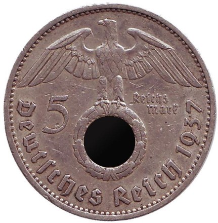 Монета 5 рейхсмарок. 1937 год, Германия (Третий Рейх). (A). Монета 5 рейхсмарок. 1937 год, Германия (Третий Рейх). (A).