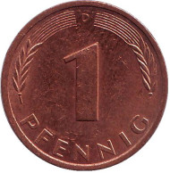 Монета 1 пфенниг. 1987 год (D), ФРГ. Дубовые листья. Монета 1 пфенниг. 1987 год (D), ФРГ. Дубовые листья.