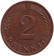 Монета 2 пфеннига. 1966 год (J), ФРГ. Дубовые листья. Монета 2 пфеннига. 1966 год (J), ФРГ. Дубовые листья.