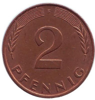 Монета 2 пфеннига. 1988 год (F), ФРГ. Дубовые листья. Монета 2 пфеннига. 1988 год (F), ФРГ. Дубовые листья.