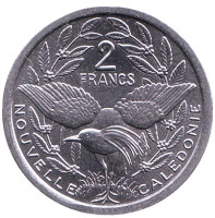 Птица кагу. Монета 2 франк. 2016 год, Новая Каледония. UNC.