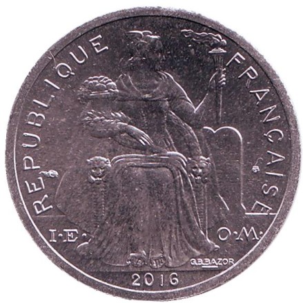 Монета 2 франка. 2016 год, Новая Каледония. UNC. Птица кагу. Монета 2 франка. 2016 год, Новая Каледония. UNC. Птица кагу.