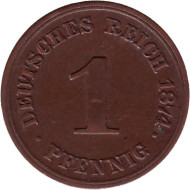 Монета 1 пфенниг. 1874 год (G), Германская империя. Монета 1 пфенниг. 1874 год (G), Германская империя.