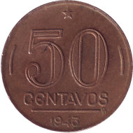 Монета 50 сентаво. 1943 год, Бразилия. Монета 50 сентаво. 1943 год, Бразилия.