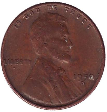 Монета 1 цент. 1950 год (D), США. Линкольн.