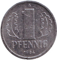 Монета 1 пфенниг. 1984 год, ГДР. Монета 1 пфенниг. 1984 год, ГДР.