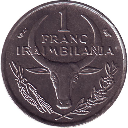 Монета 1 франк. 1966 год, Мадагаскар. Буйвол. Пуансеттия.