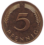 Монета 5 пфеннигов. 1984 год (J), ФРГ. Дубовые листья. Монета 5 пфеннигов. 1984 год (J), ФРГ. Дубовые листья.