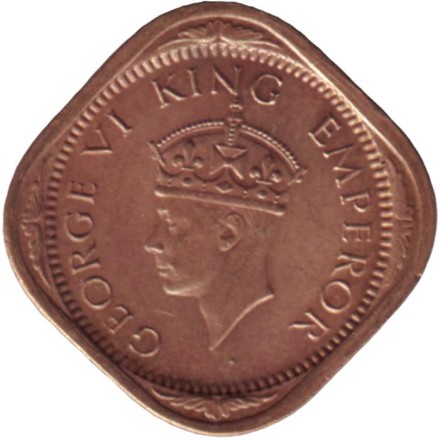 Монета 1/2 анны. 1942 год, Индия Британская. (Надпись "INDIA" без точек). Монета 1/2 анны. 1942 год, Индия Британская. (Надпись "INDIA" без точек).