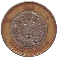 Тонатиу. Ацтекский солнечный камень. Орел. Монета 10 песо. 2005 год, Мексика. 