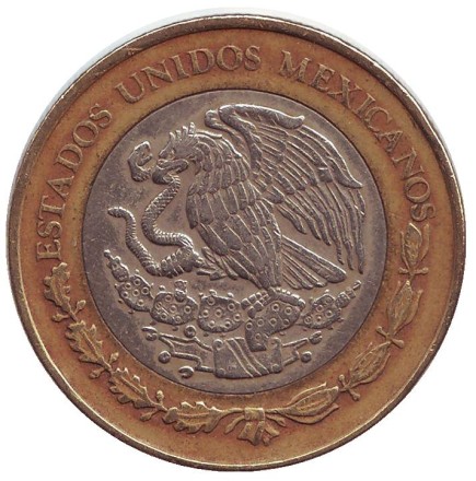 Монета 10 песо. 2005 год, Мексика. Тонатиу. Ацтекский солнечный камень. Орел.