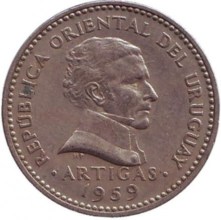 Монета 10 сентесимо. 1959 год, Уругвай. Монета 10 сентесимо. 1959 год, Уругвай.