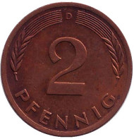 Монета 2 пфеннига. 1971 год (D), ФРГ. Дубовые листья. Монета 2 пфеннига. 1971 год (D), ФРГ. Дубовые листья.