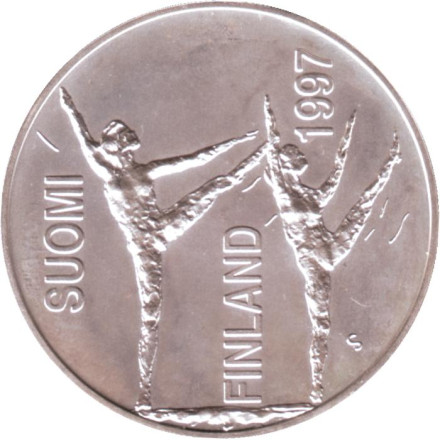 Монета 100 марок. 1997 год, Финляндия. 100 лет со дня рождения Пааво Нурми.