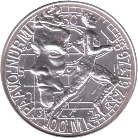 Монета 100 марок. 1997 год, Финляндия. 100 лет со дня рождения Пааво Нурми.