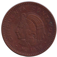 Индеец. Монета 50 сентаво. 1956 год, Мексика.