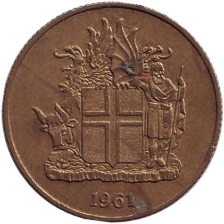 Монета 1 крона. 1961 год, Исландия. Монета 1 крона. 1961 год, Исландия.