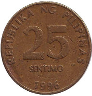 Монета 25 сентимо. 1996 год, Филиппины. Монета 25 сентимо. 1996 год, Филиппины.