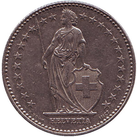 Монета 2 франка. 1992 (B) год, Швейцария. Гельвеция.