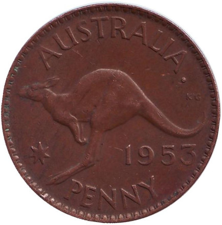 Монета 1 пенни. 1953 год, Австралия. (Точка после "AUSTRALIA") Кенгуру.