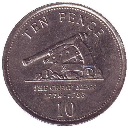 Монета 10 пенсов. 2006 год, Гибралтар. Большая осада Гибралтара. Пушка.
