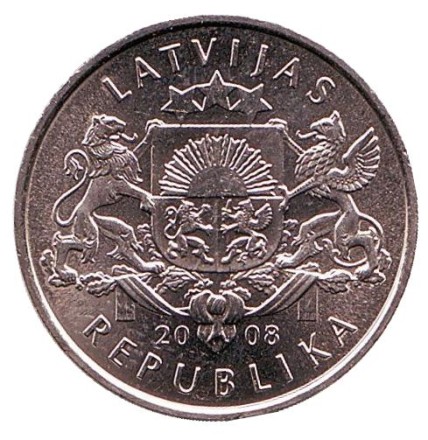 Монета 1 лат, 2008 год, Латвия. Водяная лилия.