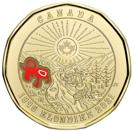 Монета 1 доллар. 2021 год, Канада. (Цветная). Клондайк. 125 лет Золотой лихорадке.