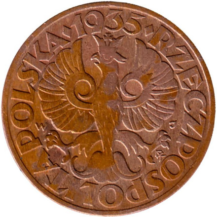 Монета 5 грошей. 1935 год, Польша. Монета 5 грошей. 1935 год, Польша.