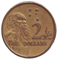 Монета 2 доллара. 1989 год, Австралия. Старейшина аборигенов. Монета 2 доллара. 1989 год, Австралия. Старейшина аборигенов.