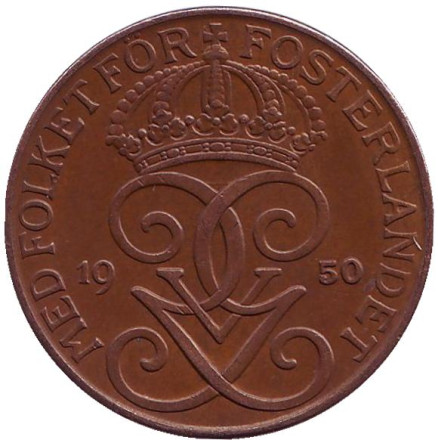 Монета 5 эре. 1950 год, Швеция. (Бронза)