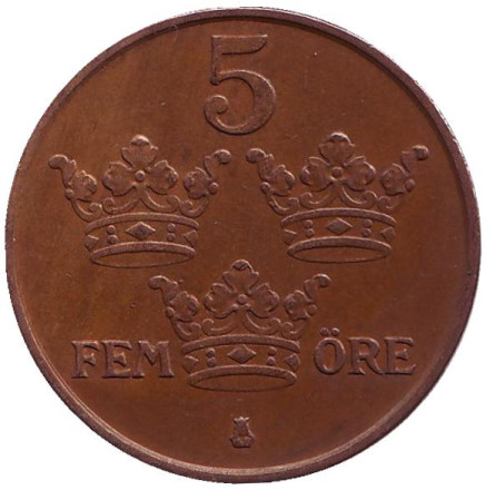 Монета 5 эре. 1950 год, Швеция. (Бронза)