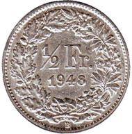 Монета 1/2 франка. 1948 год, Швейцария. Монета 1/2 франка. 1948 год, Швейцария.