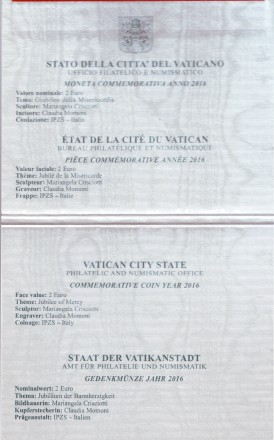 Монета 2 евро. 2016 год, Ватикан. (в буклете) Святой год милосердия. Монета 2 евро. 2016 год, Ватикан. (в буклете) Святой год милосердия.
