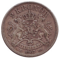 Монета 2 кроны. 1907 год, Швеция. Король Оскар II. Монета 2 кроны. 1907 год, Швеция. Король Оскар II.