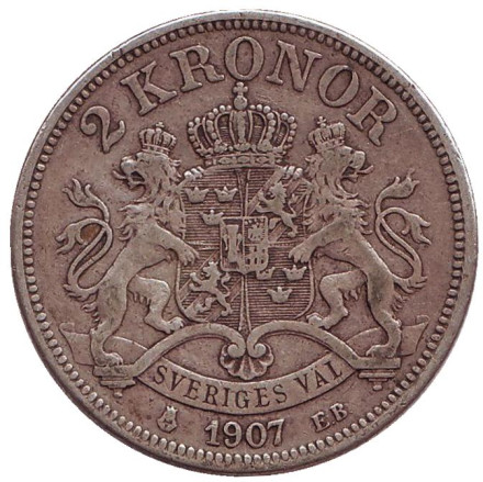 Монета 2 кроны. 1907 год, Швеция. Король Оскар II.