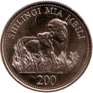Монета 200 шиллингов. 2014 год, Танзания. Львы. Монета 200 шиллингов. 2014 год, Танзания. Львы.