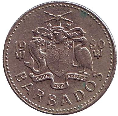 Монета 10 центов. 1980 год, Барбадос. Чайка. Монета 10 центов. 1980 год, Барбадос. Чайка.