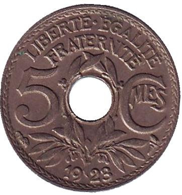 Монета 5 сантимов. 1923 год, Франция. (рог изобилия)