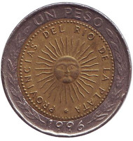 Монета 1 песо. 1996 год, Аргентина. Монета 1 песо. 1996 год, Аргентина.