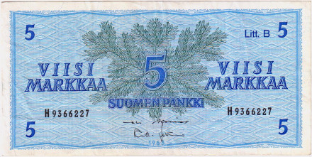 Банкнота 5 марок, 1963 год, Финляндия. P-106Aa(39).