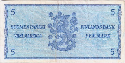 Банкнота 5 марок, 1963 год, Финляндия. P-106Aa(39).
